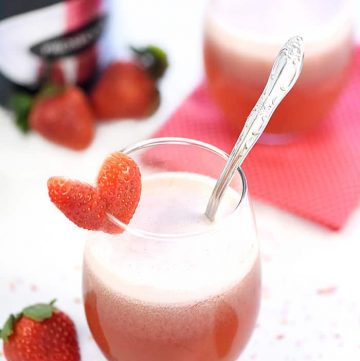 Sparkling Strawberry Floats | Valentine's Day Cocktails OR Mocktails ~ strawberry sorbet is topped with Prosecco in this sweet, bubbly drink recipe, perfect for Valentine's Day, baby or bridal showers, or a variety of special celebrations...and it's easy to make a yummy non-alcoholic version as well! | FiveHeartHome.com