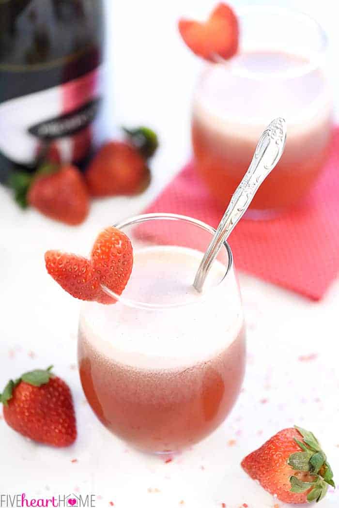 Sparkling Strawberry Floats | Valentine's Day Cocktails OR Mocktails with Heart Garnish and Spoon