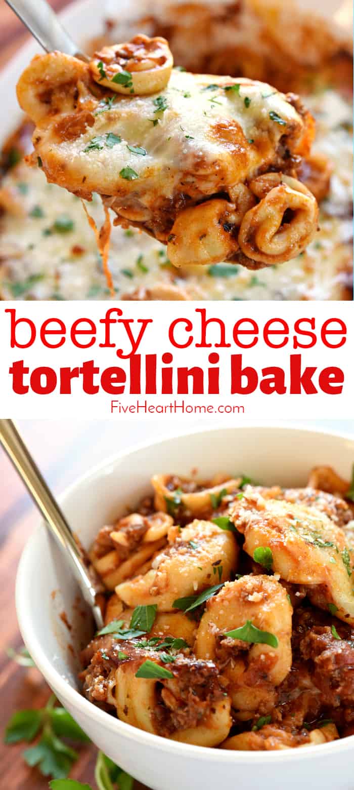 Easy Baked Tortellini ~ loaded with cheese tortellini, ground beef, marinara sauce, and mozzarella cheese for an effortless pasta dinner that the whole family will love! | FiveHeartHome.com via @fivehearthome