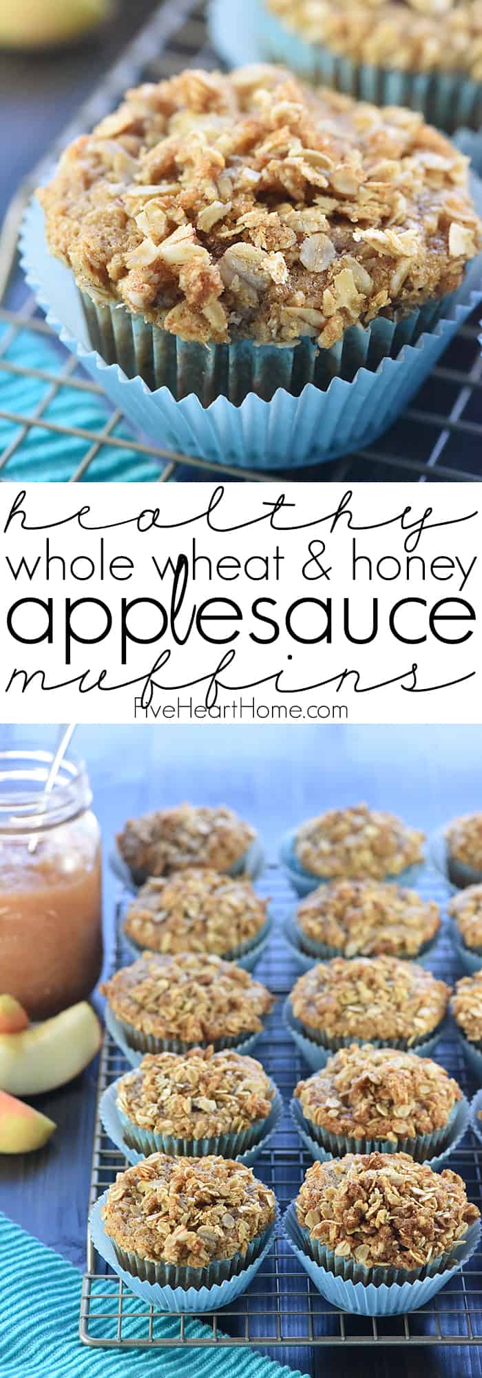 Whole Wheat Applesauce Muffins ~ soft, moist, and made with wholesome ingredients including whole wheat flour, Greek yogurt, coconut oil, and honey! | FiveHeartHome.com via @fivehearthome