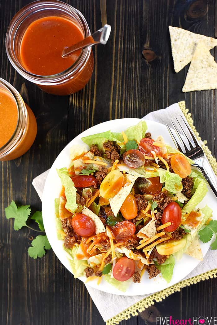 Homemade French & Catalina Salad Dressing ~ jazz up your favorite salads with this sweet-and-tangy dressing recipe, in French and Catalina varieties! | FiveHeartHome.com Aerial view of salad and mason jars.