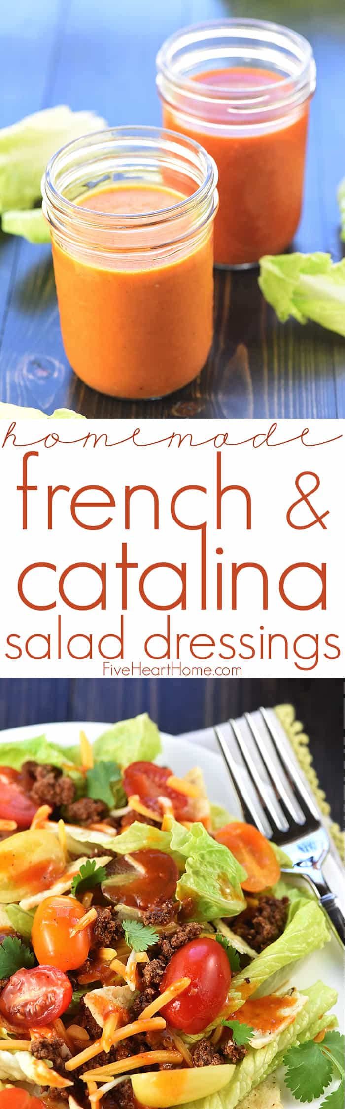 Homemade French Dressing & Catalina Dressing ~ jazz up your favorite salads with this sweet-and-tangy dressing recipe, in French and Catalina varieties! | FiveHeartHome.com via @fivehearthome