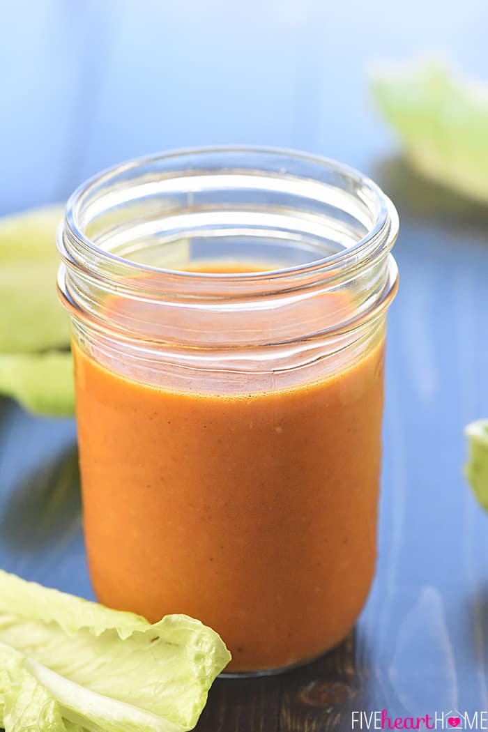 Homemade French & Catalina Salad Dressing ~ jazz up your favorite salads with this sweet-and-tangy dressing recipe, in French and Catalina varieties! | FiveHeartHome.com Jar of French Dressing.