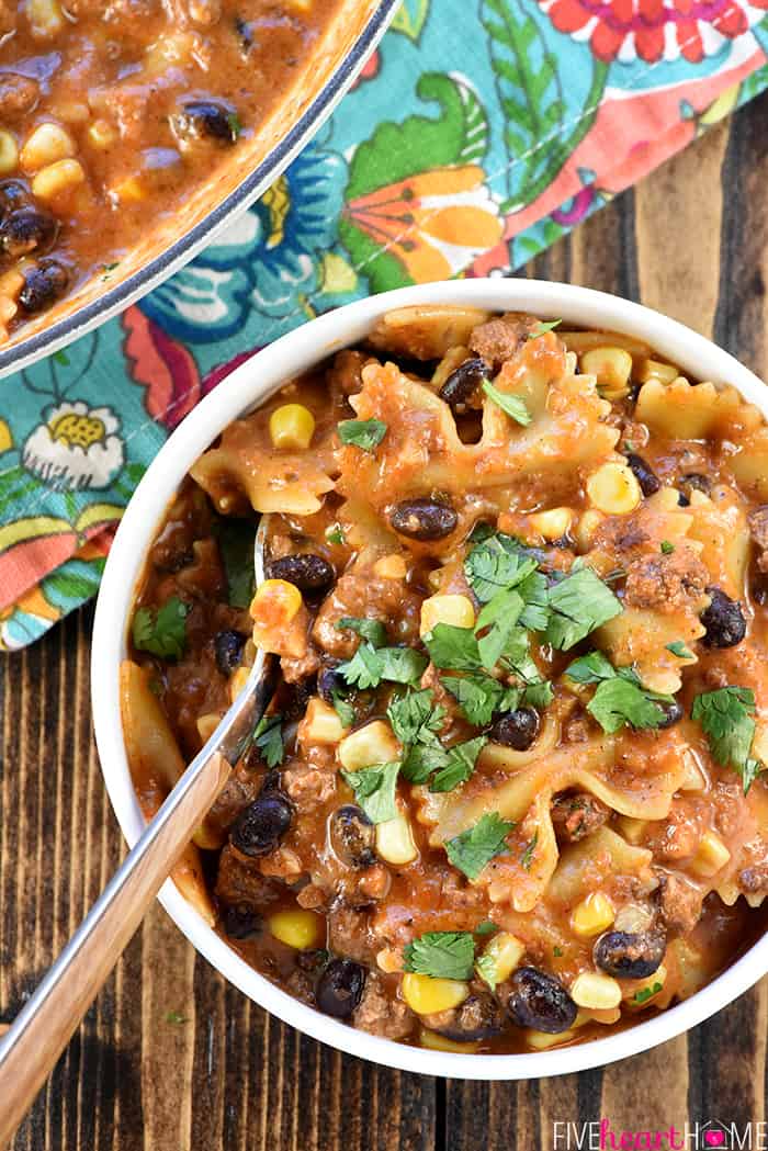 Aerial view of Taco Pasta in bowl with spoon.