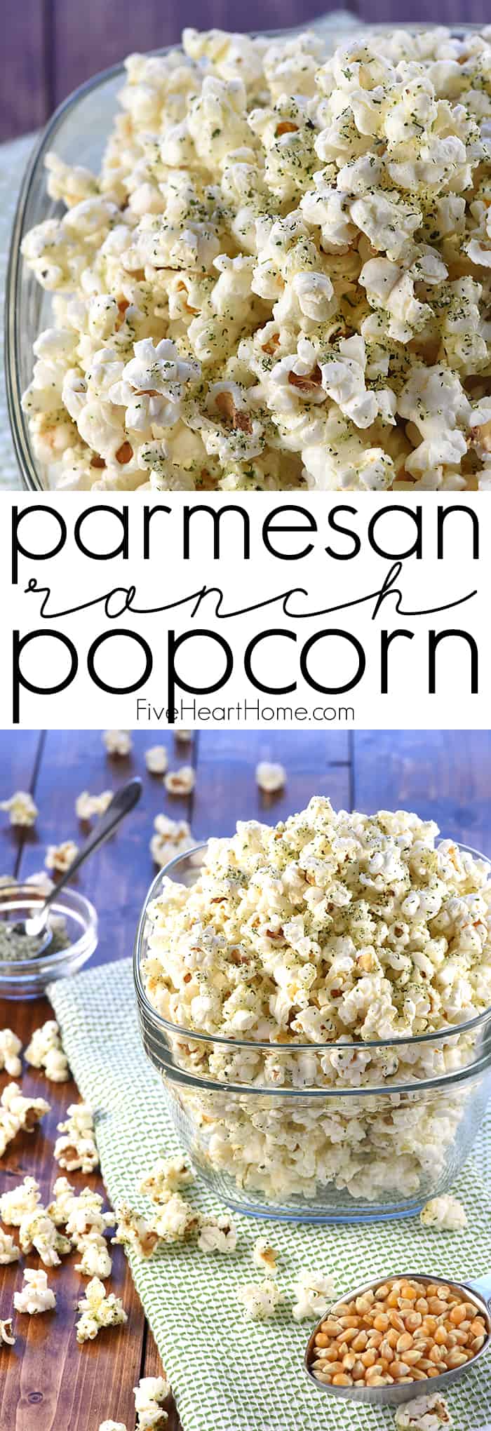 Parmesan Ranch Popcorn ~ freshly popped popcorn is drizzled in real butter and sprinkled with a savory mixture of Parmesan, dried herbs, and spices for a perfect movie night treat! | FiveHeartHome.com via @fivehearthome