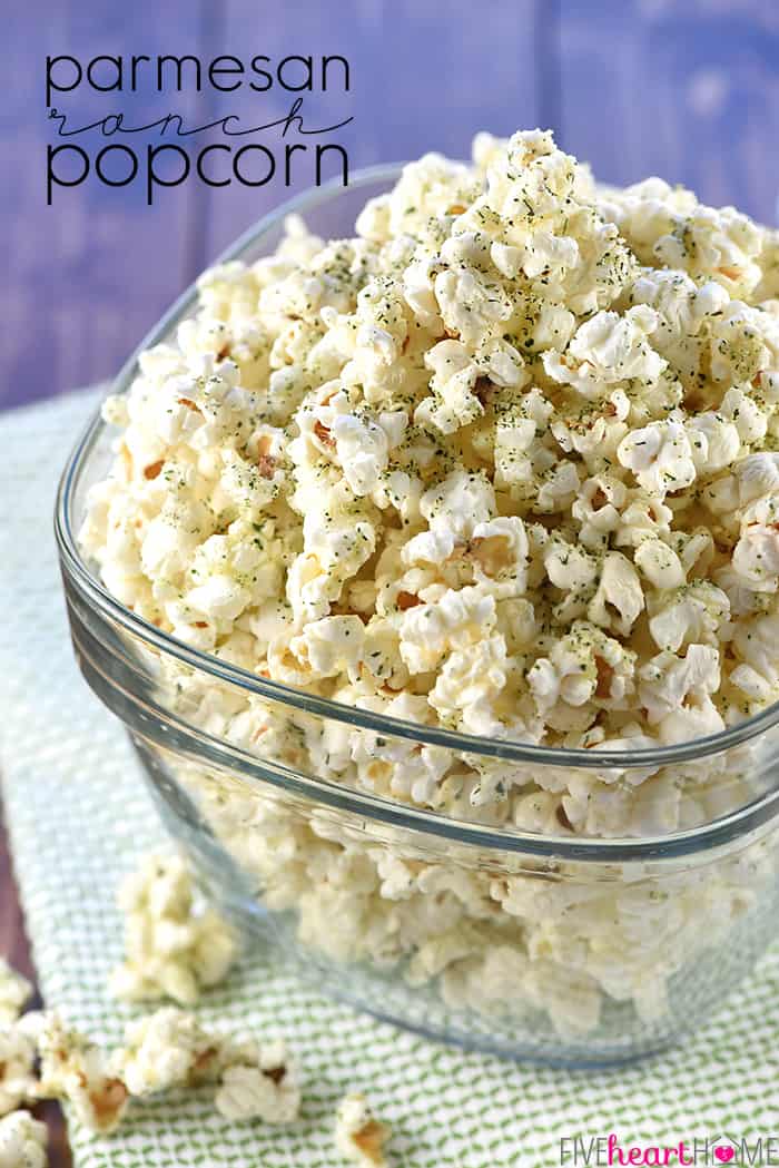 Parmesan Ranch Popcorn ~ freshly popped popcorn is drizzled in real butter and sprinkled with a savory mixture of Parmesan, dried herbs, and spices for a perfect movie night treat! | FiveHeartHome.com