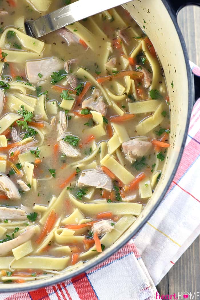 Quick & Easy Homemade Chicken Noodle Soup ~ a delicious, nourishing, cold-buster recipe for getting well soon! | FiveHeartHome.com Aerial view of pot.