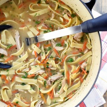 Aerial view of Easy Chicken Noodle Soup in pot.