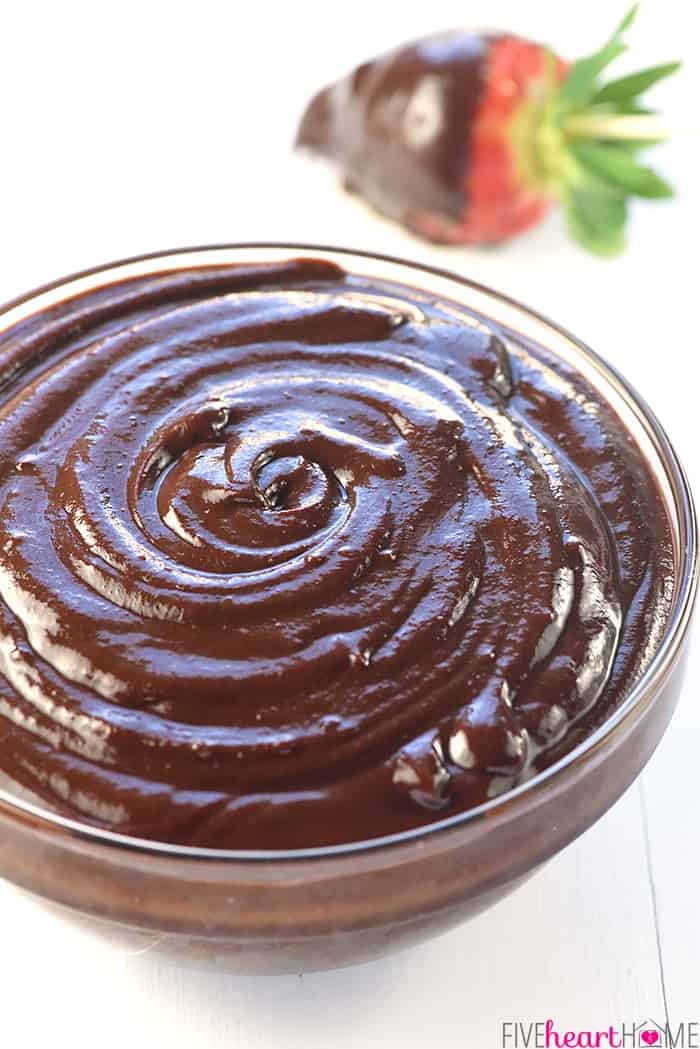 Slow Cooker Chocolate Peanut Butter Fondue ~ a decadent, glossy, chocolate dessert recipe kissed with peanut butter, the perfect crock pot dip for your favorite fruit and confections on Valentine's Day or any day! | FiveHeartHome.com Close-up of bowl.