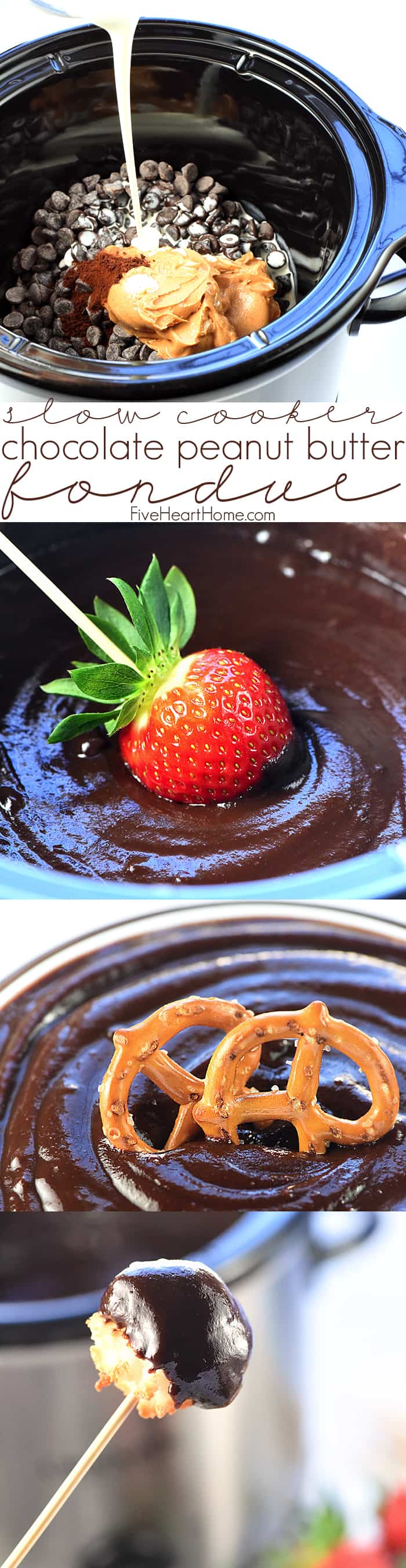 Slow Cooker Chocolate Peanut Butter Fondue ~ a decadent, glossy, chocolate dessert recipe kissed with peanut butter, the perfect crock pot dip for your favorite fruit and confections on Valentine's Day or any day! | FiveHeartHome.com via @fivehearthome