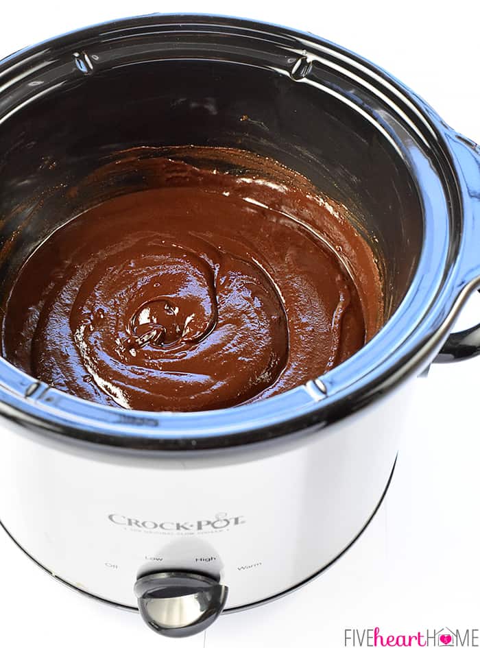 Chocolate Fondue in slow cooker.