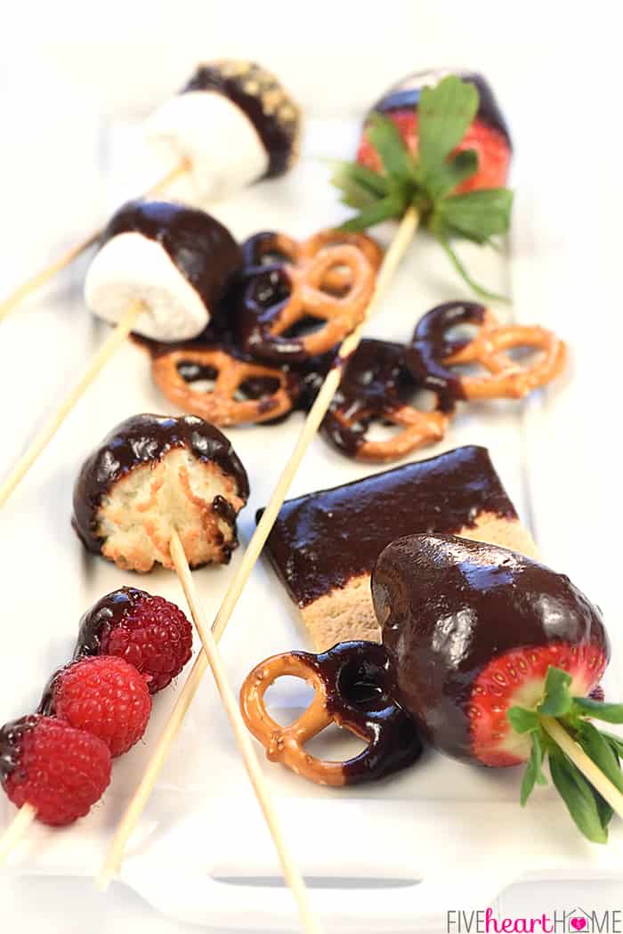 Platter of chocolate fondue dipped goodies.