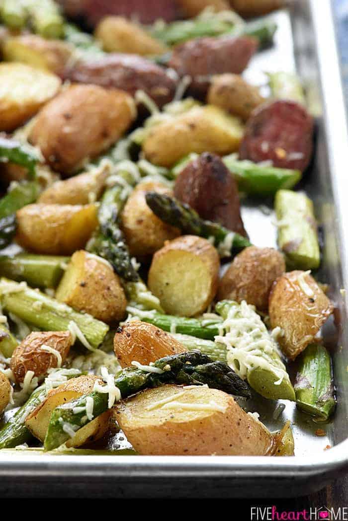 Close-up of veggies on baking sheet.