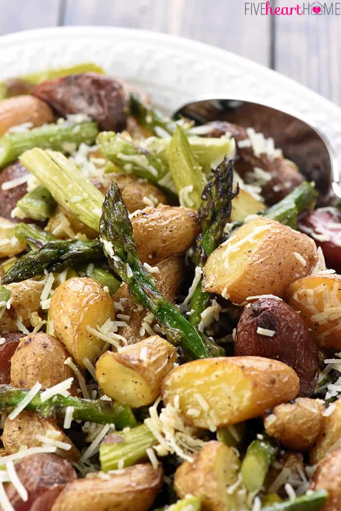 Close-up of potato and asparagus side dish