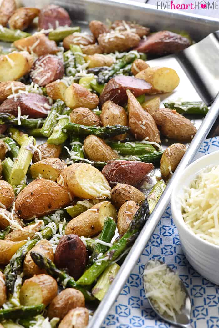 Roasted Potatoes and Asparagus with grated Romano cheese sprinkled on top.