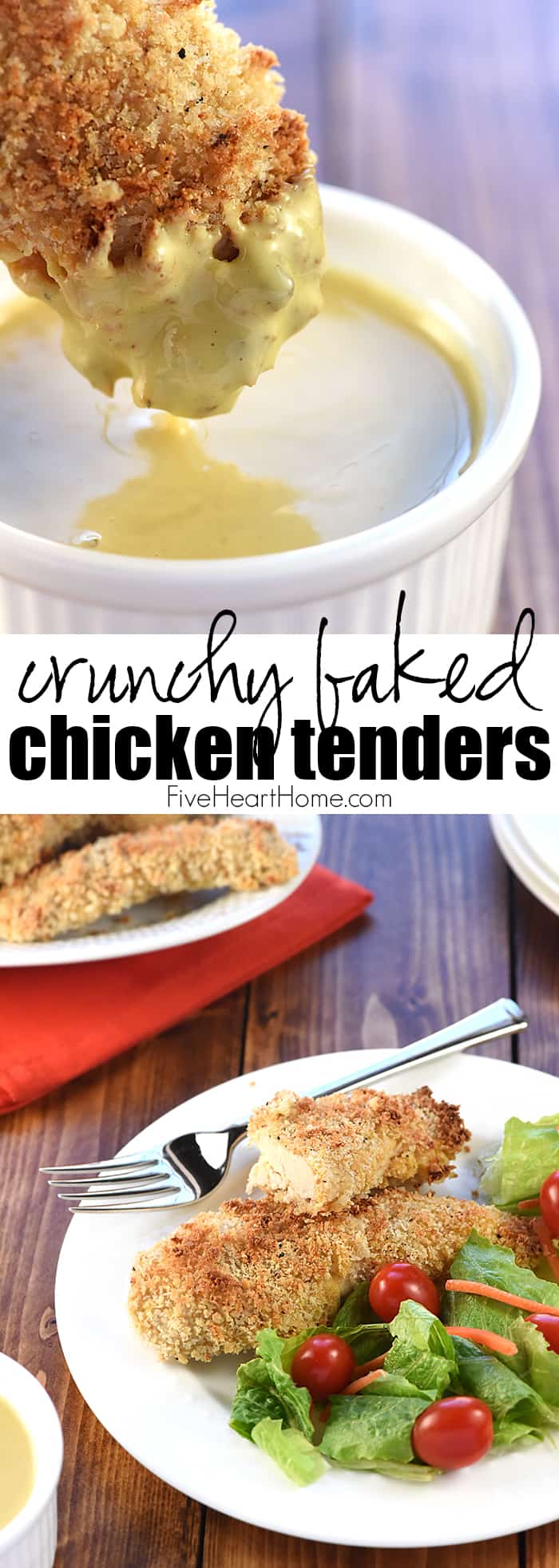 Crunchy Baked Chicken Tenders ~ juicy on the inside and crispy on the outside, the entire family will love this simple, delicious, chicken dinner! | FiveHeartHome.com via @fivehearthome