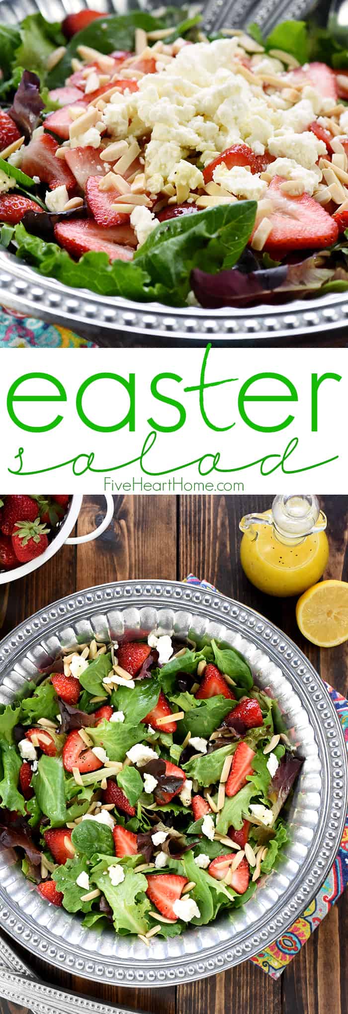 Easter Salad ~ this gorgeous Strawberry Goat Cheese Spring Greens Salad with Toasted Almonds & Lemon Honey Vinaigrette is loaded with vibrant colors and flavors and contrasting textures. It would be the perfect addition to your Easter holiday table, or it would make any dinner special! | FiveHeartHome.com via @fivehearthome