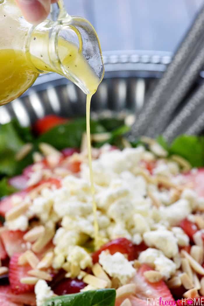 Lemon Vinaigrette being poured over Easter Salad.