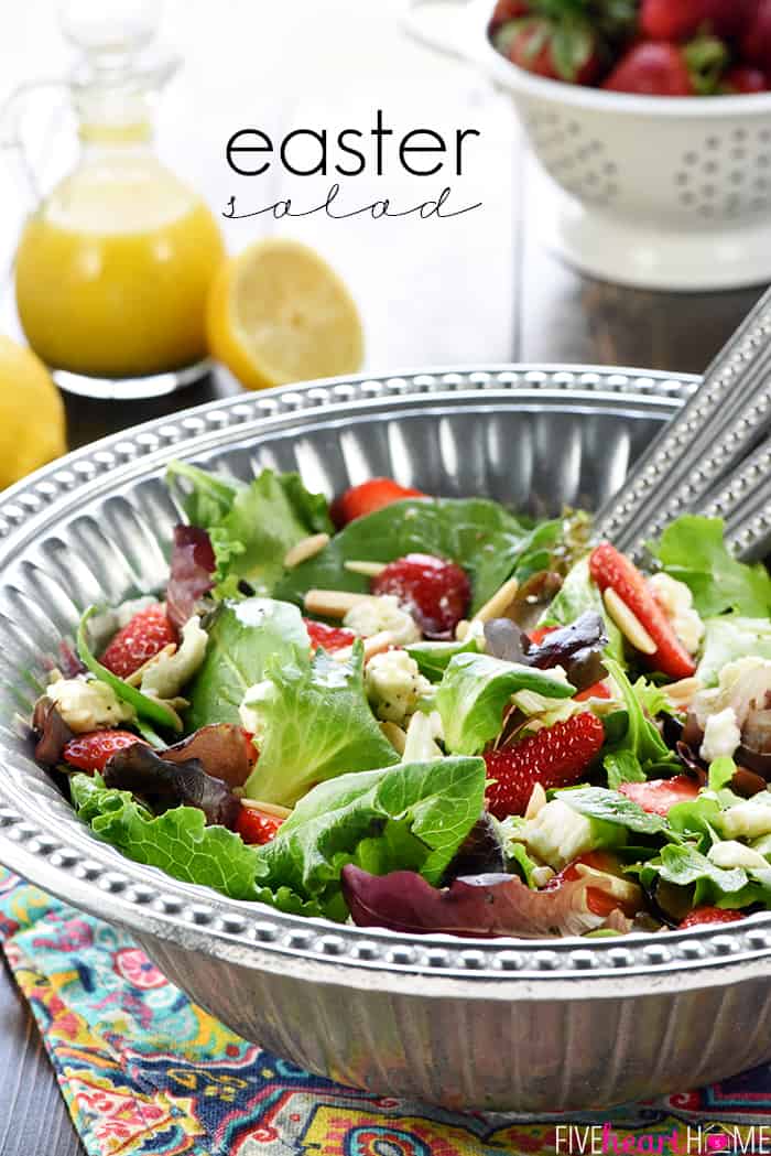 Easter Salad ~ this gorgeous Strawberry Goat Cheese Spring Greens Salad with Toasted Almonds & Lemon Honey Vinaigrette is loaded with vibrant colors and flavors and contrasting textures. It would be the perfect addition to your Easter holiday table, or it would make any dinner special! | FiveHeartHome.com
