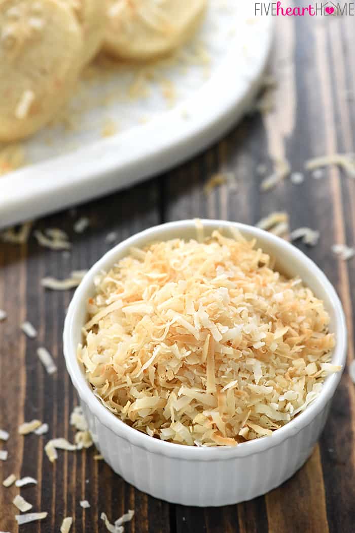 Easy Coconut Shortbread Cookies ~ tender, buttery shortbread is loaded with toasted coconut in this delicious, addictive, easy-to-make recipe! | FiveHeartHome.com Bowl of Toasted Coconut