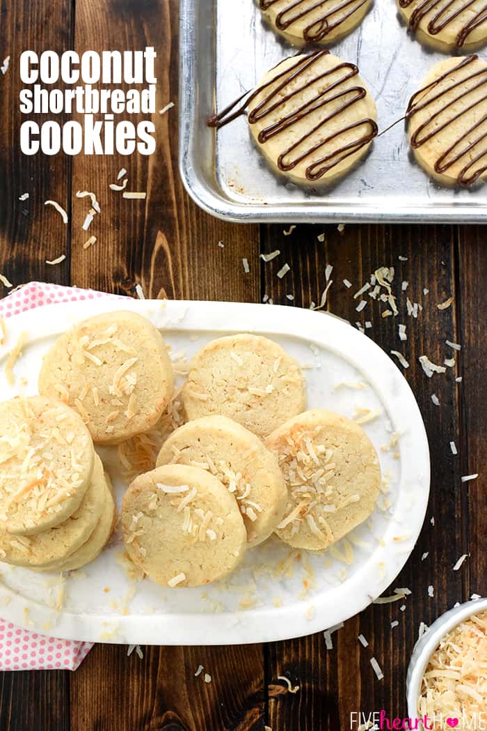 Easy Coconut Shortbread Cookies ~ tender, buttery shortbread is loaded with toasted coconut in this delicious, addictive, easy-to-make recipe! | FiveHeartHome.com