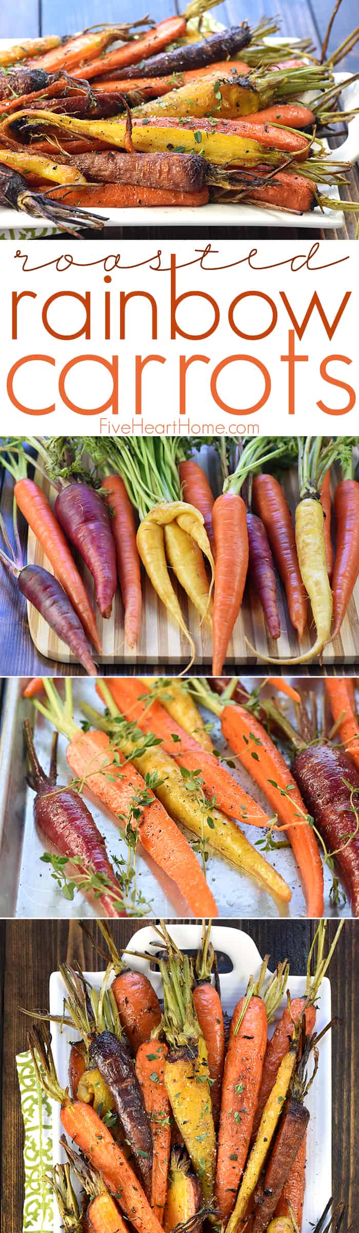 Roasted Rainbow Carrots with Thyme ~ tender and flavorful carrots make a rustic yet vibrant spring or Easter side dish that's as gorgeous as it is delicious! | FiveHeartHome.com via @fivehearthome