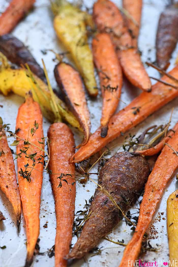 Roasted Rainbow Carrots on baking sheet.