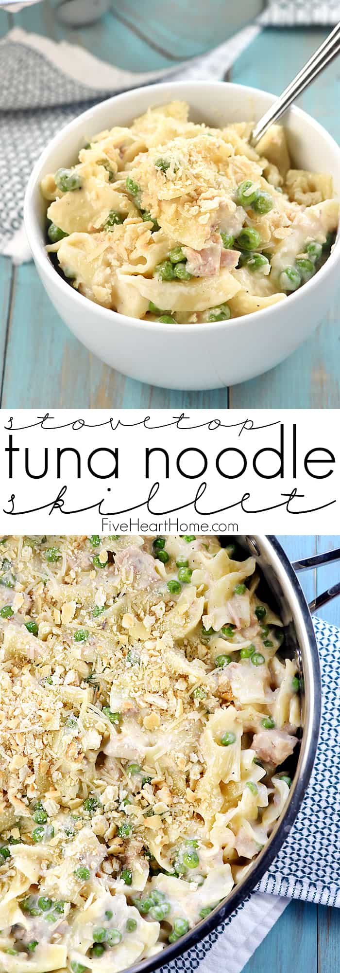 Easy Tuna Noodle Casserole è una ricetta per la cena veloce, facile, from-scratch caricata con tonno, tagliatelle all'uovo, piselli e una cremosa salsa bianca fatta in casa (senza zuppa)! via @fivehearthome