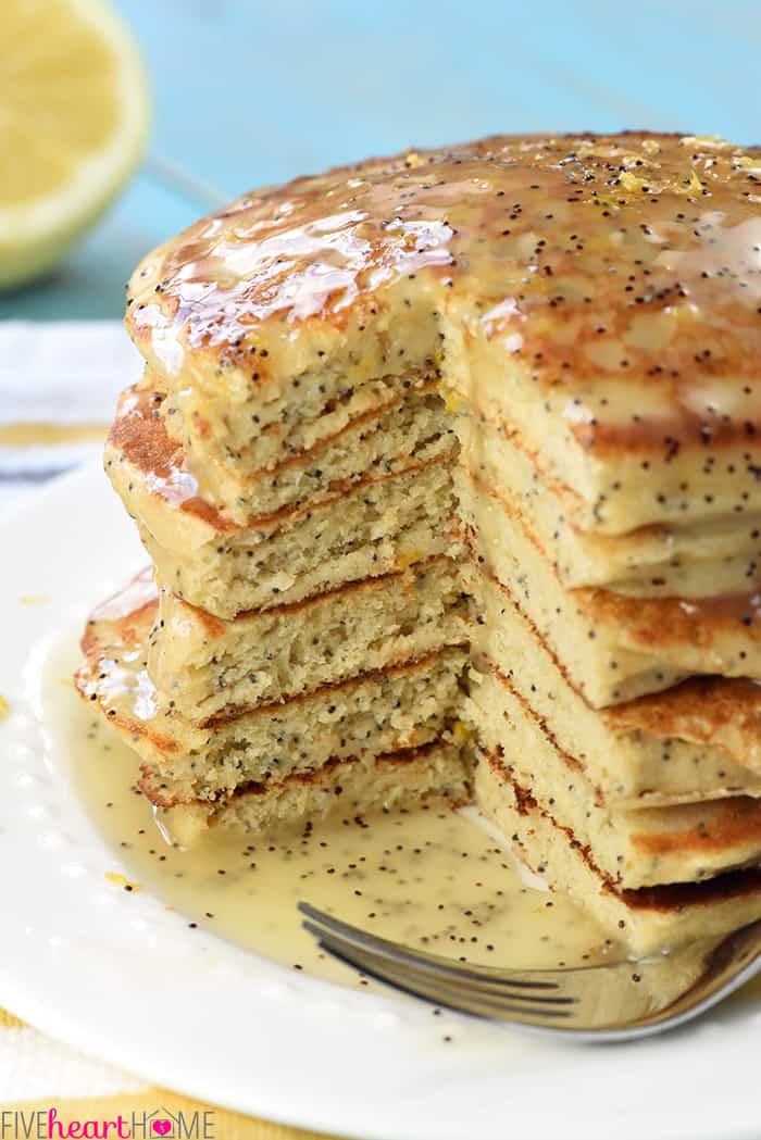Whole Wheat Lemon Poppy Seed Pancakes ~ wholesome and delicious pancakes drizzled with a scrumptious Lemon Poppy Seed Syrup make a lovely spring or summer breakfast! | FiveHeartHome.com