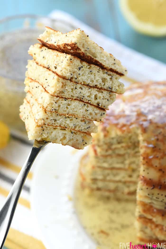 Whole Wheat Lemon Poppy Seed Pancakes ~ wholesome and delicious pancakes drizzled with a scrumptious Lemon Poppy Seed Syrup make a lovely spring or summer breakfast! | FiveHeartHome.com Close-Up