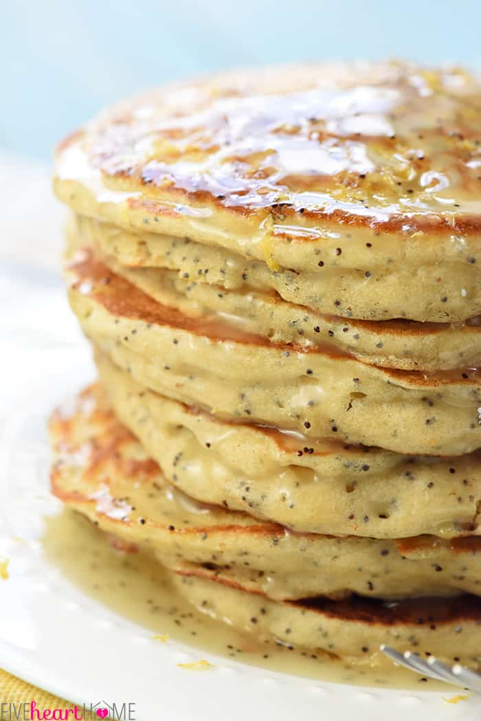 Whole Wheat Lemon Poppy Seed Pancakes ~ wholesome and delicious pancakes drizzled with a scrumptious Lemon Poppy Seed Syrup make a lovely spring or summer breakfast! | FiveHeartHome.com Whole Wheat Lemon Poppy Seed Pancakes Close-Up