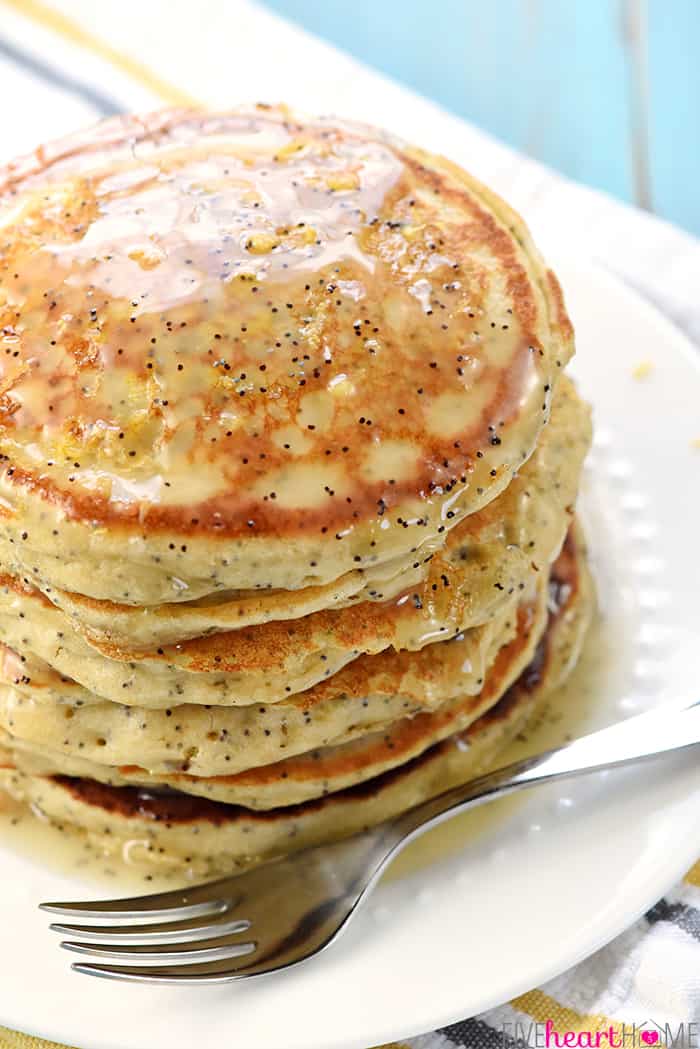 Whole Wheat Lemon Poppy Seed Pancakes ~ wholesome and delicious pancakes drizzled with a scrumptious Lemon Poppy Seed Syrup make a lovely spring or summer breakfast! | FiveHeartHome.com Healthy Lemon Poppy Seed Pancakes Stack with Fork