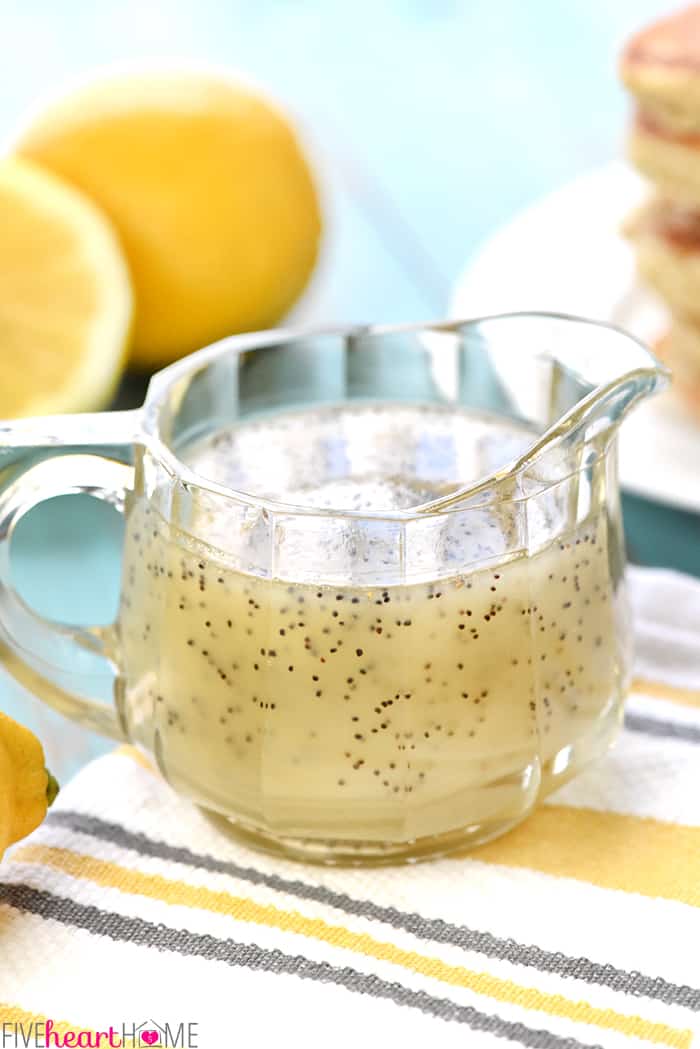 Whole Wheat Lemon Poppy Seed Pancakes ~ wholesome and delicious pancakes drizzled with a scrumptious Lemon Poppy Seed Syrup make a lovely spring or summer breakfast! | FiveHeartHome.com Lemon Poppy Seed Syrup in Glass Pitcher