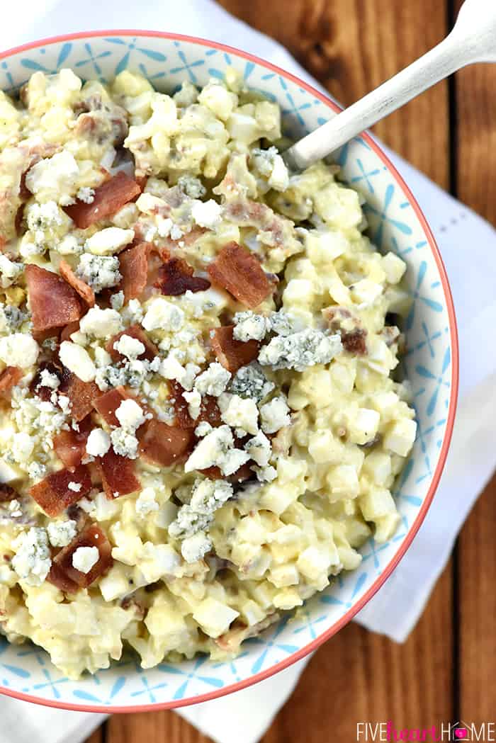 Egg Salad with Bacon and Blue Cheese ~ a flavorful filling for sandwiches or lettuce wraps, and a great recipe for using up leftover hard-boiled Easter eggs! | FiveHeartHome.com Aerial shot of serving bowl of Egg Salad recipe
