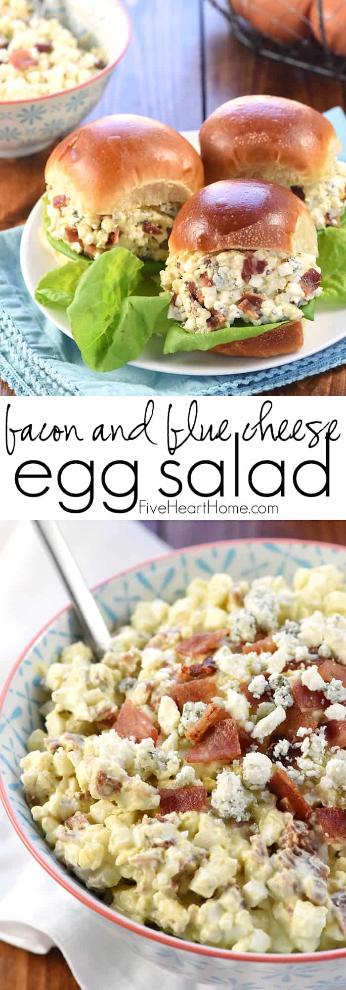 Egg Salad with Bacon and Blue Cheese ~ a flavorful filling for sandwiches or lettuce wraps, and a great recipe for using up leftover hard-boiled Easter eggs! | FiveHeartHome.com via @fivehearthome