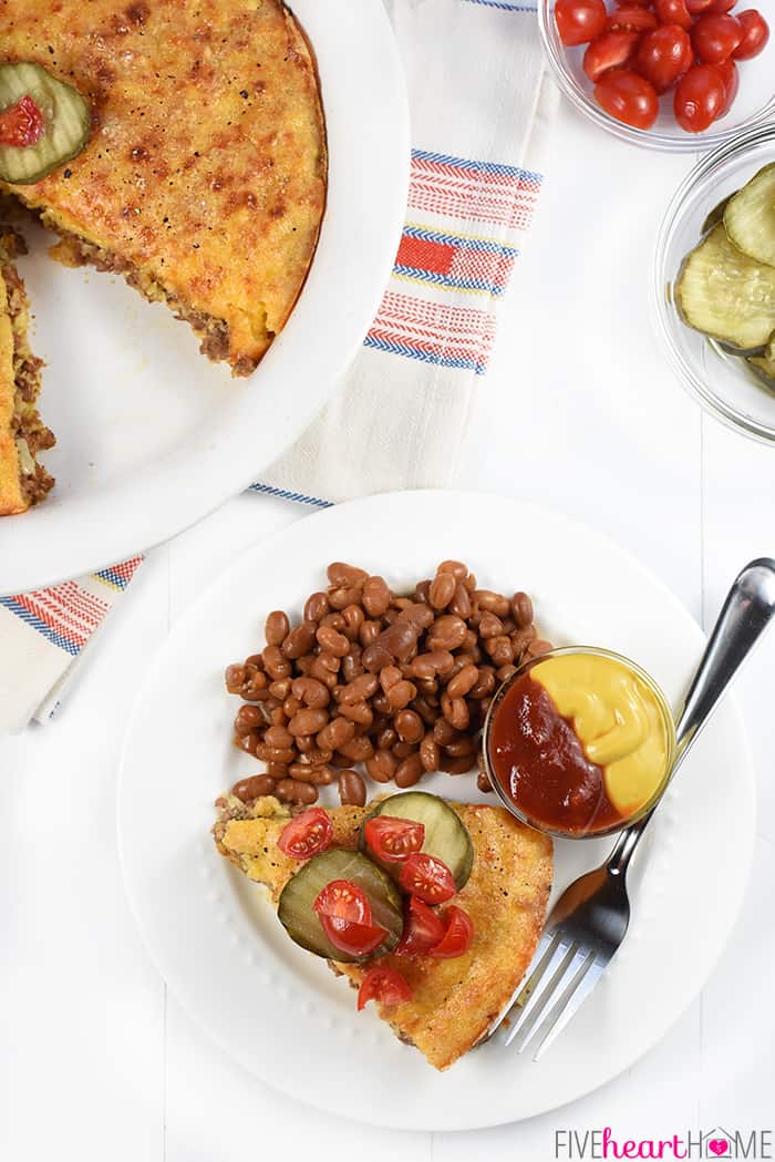 Aerial view of Cheeseburger Pie without Bisquick on plate and in dish.