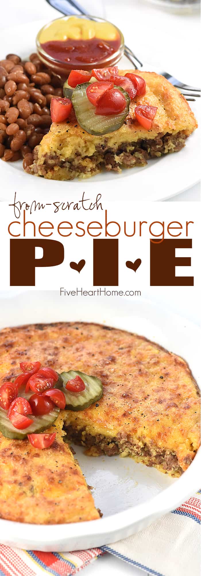 Impossible Cheeseburger Pie without Bisquick ~ a wholesome, from-scratch twist on the classic recipe featuring seasoned ground beef, grated cheddar cheese, and a homemade topping made with whole wheat flour! | FiveHeartHome.com via @fivehearthome