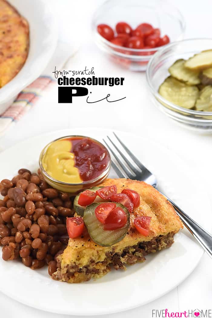 From-Scratch Cheeseburger Pie ~ this classic recipe gets a wholesome, real food twist with seasoned ground beef, grated cheddar cheese, and a topping made with whole wheat flour instead of Bisquick! | FiveHeartHome.com