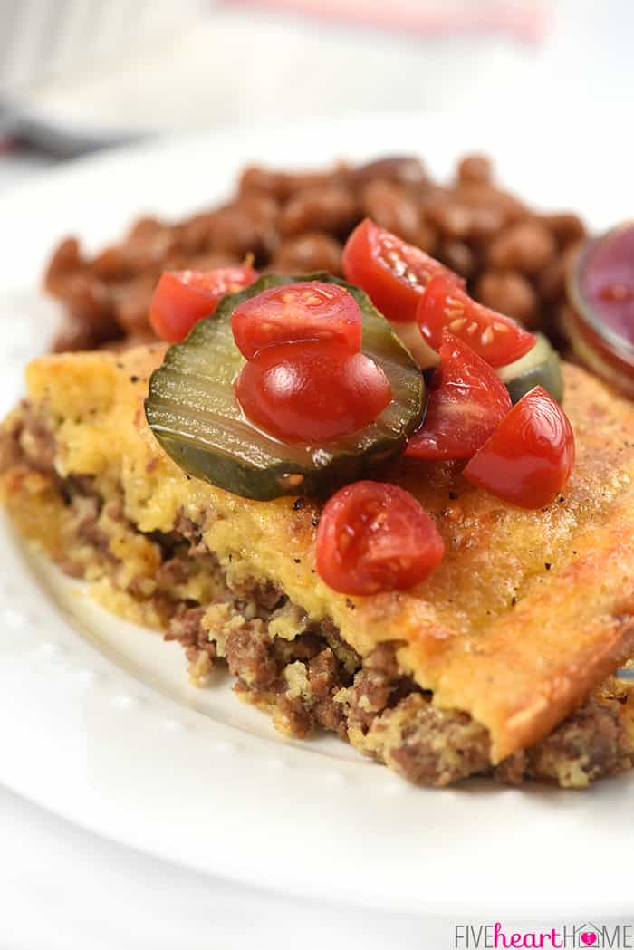 Close-up of Cheeseburger Pie without Bisquick on plate.