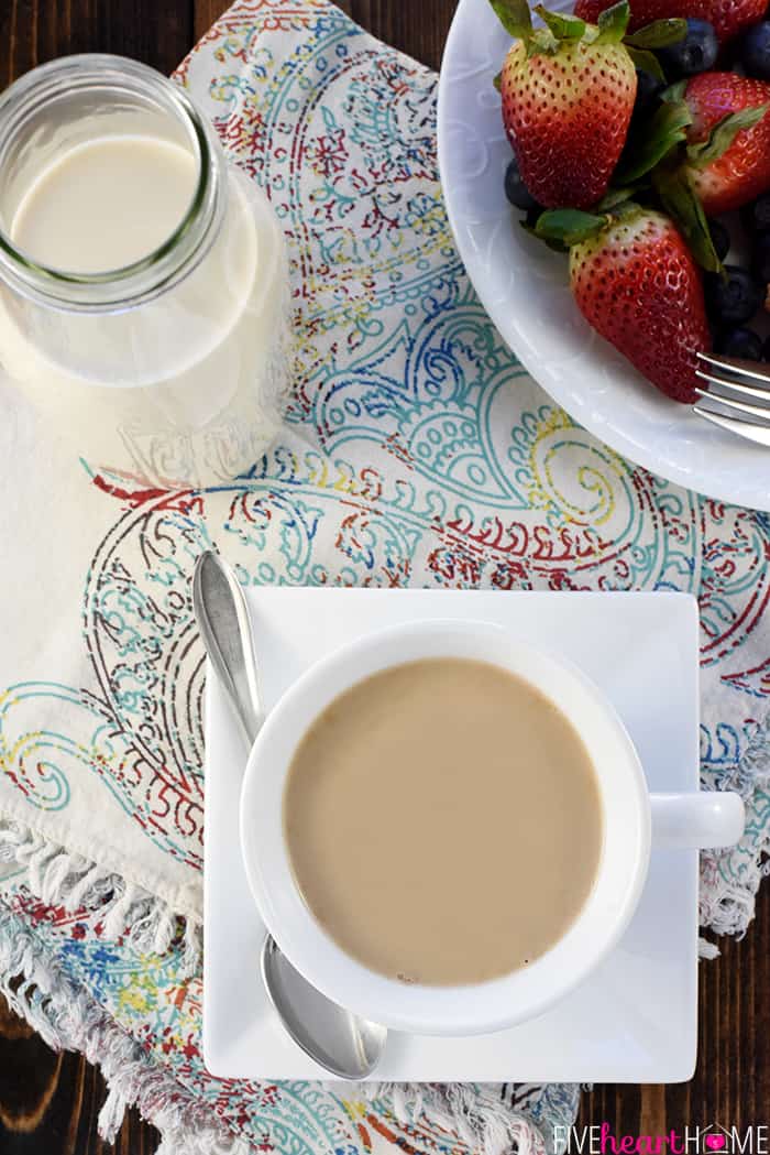 Aerial view of Caramel Coffee Creamer and homemade Caramel Brulée Latte.