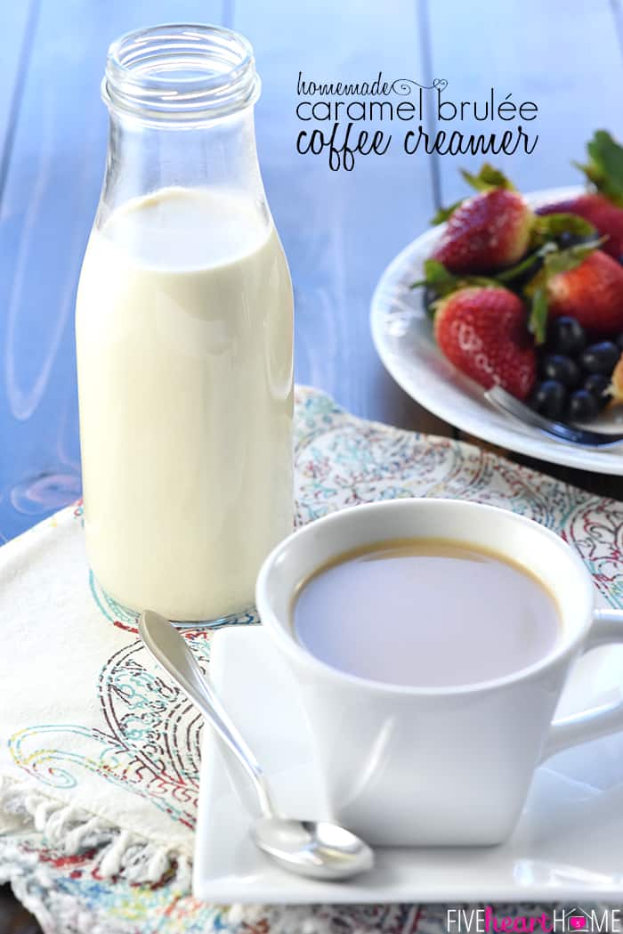 Caramel Brulée Coffee Creamer ~ a quick and easy homemade recipe for making Copycat Starbucks Caramel Brulée Lattes at home! | FiveHeartHome.com Caramel Coffee Creamer and Homemade Caramel Brulée Latte with text overlay.