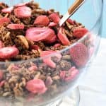 Nutella Strawberry Granola ~ this homemade granola recipe features wholesome oats, coated in chocolate hazelnut spread and studded with crunchy almonds and freeze-dried strawberries for a yummy snack or breakfast treat! | FiveHeartHome.com