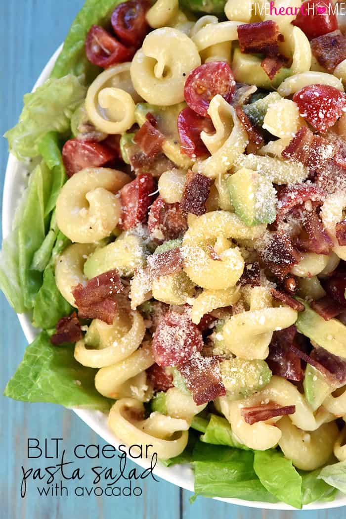 BLT Caesar Pasta Salad with Avocado ~ loaded with crispy bacon, juicy tomatoes, creamy avocado, and tender pasta dressed in tangy Caesar dressing and served atop a bed of fresh lettuce! | FiveHeartHome.com