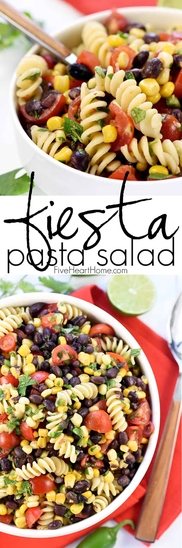 Fiesta Pasta Salad ~ this Mexican pasta salad is loaded with corn, black beans, tomatoes, jalapeño, cilantro, and a fresh lime vinaigrette for a zesty, flavorful, summer side dish! | FiveHeartHome.com via @fivehearthome
