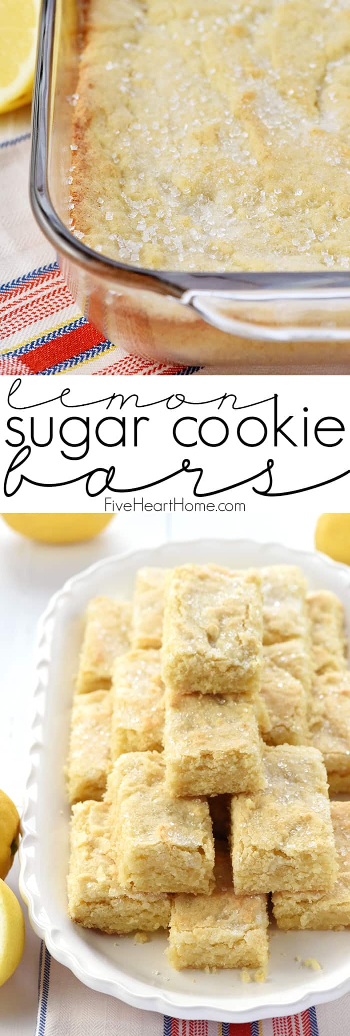 Lemon Sugar Cookie Bars ~ flavored with lemon zest and topped with crunchy sparkling sugar for a sunny, yummy, easy-to-make treat! | FiveHeartHome.com via @fivehearthome