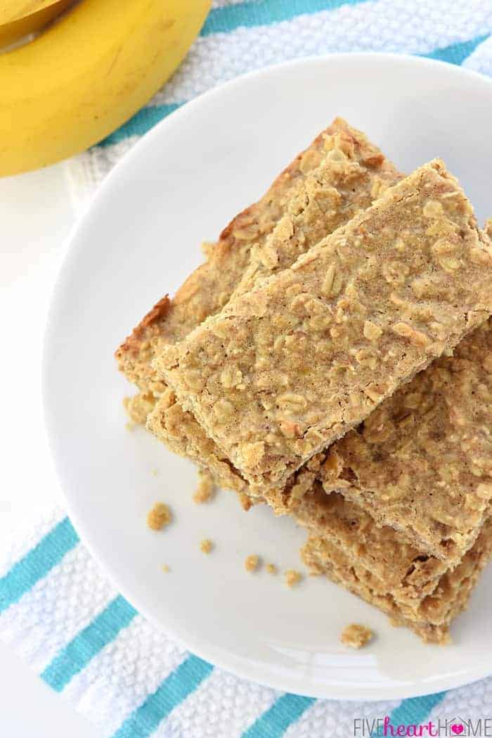 Areial view of stack of Banana Oatmeal Bars on plate