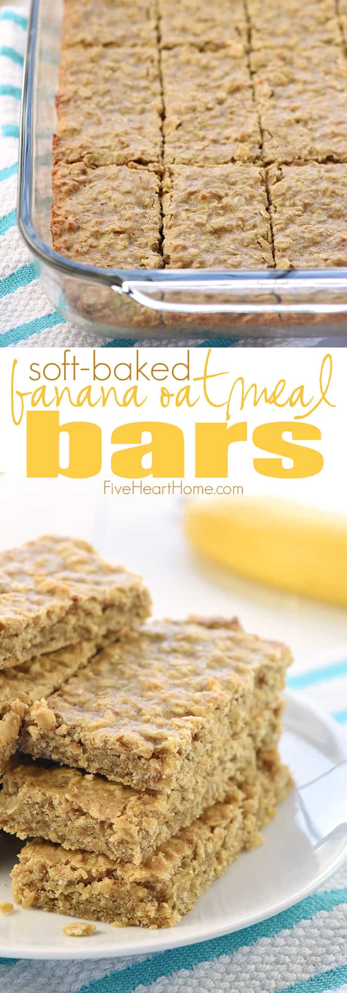 Soft-Baked Banana Oatmeal Bars ~ loaded with wholesome ingredients for a yummy, portable breakfast or snack! | FiveHeartHome.com via @fivehearthome