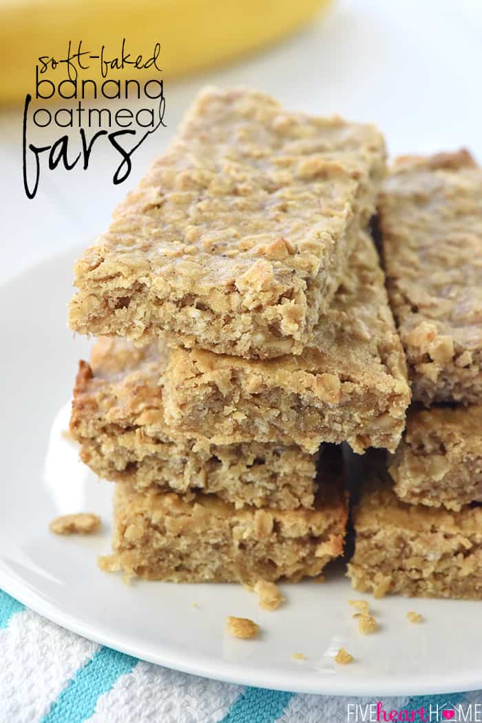 Soft-Baked Banana Oatmeal Bars on a plate with text overlay