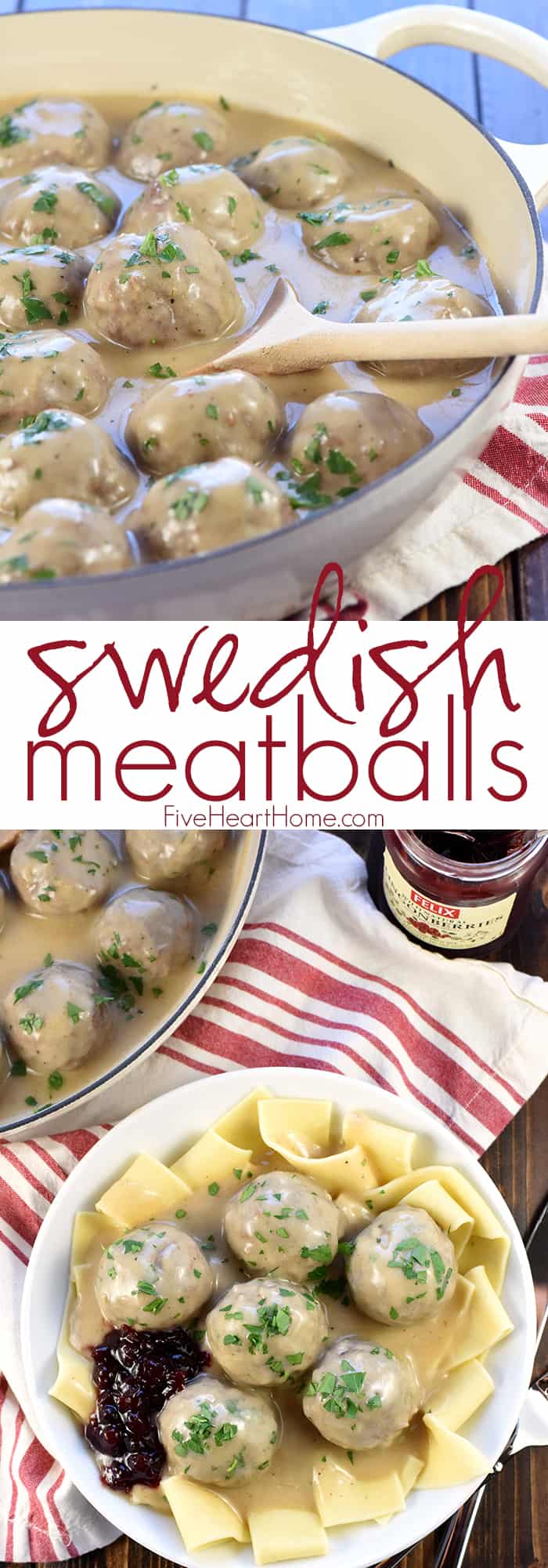 Swedish Meatballs ~ baked in the oven and then simmered in a skillet of creamy homemade gravy, this family-pleasing dinner recipe is both easy and delicious! | FiveHeartHome.com via @fivehearthome