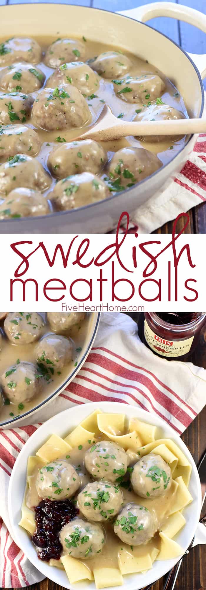 Swedish Meatballs are made from scratch, baked in the oven, and then simmered in a skillet of homemade sauce. Served over noodles or mashed potatoes, smothered in Swedish meatball sauce, and garnished with parsley and a dollop of lingonberry jam, this Swedish meatball recipe is an easy, delicious, family-pleasing dinner! via @fivehearthome